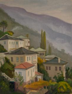 Makrinitsa Night View from Below Plateia — Oil painting, Canvas, 50.00×65.00cm — Theodoros Markellos